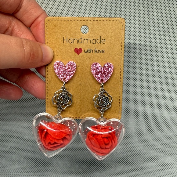 Hand Crafted Jewelry - Handmade Rose Heart Earrings